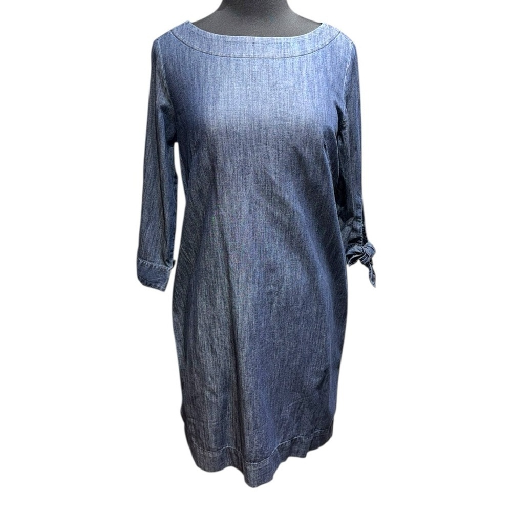 NWT Talbots Denim Dress Size 8 Back Zip Bow Cuff 3/4 Sleeve Jewel Neck